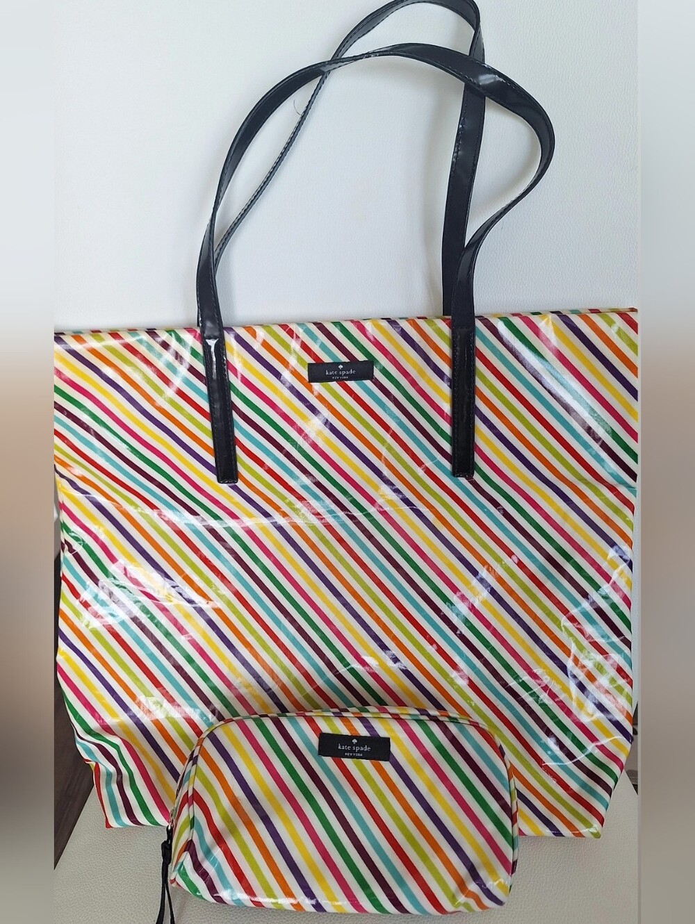 Kate Spade Rainbow Shopper Tote & Matching Pouch EUC
